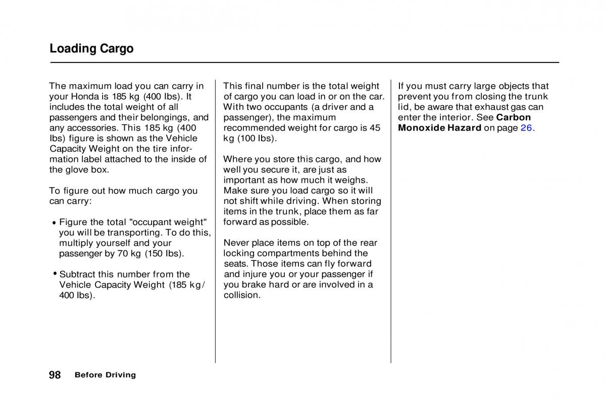 Honda Civic Del Sol CR X owners manual / page 98