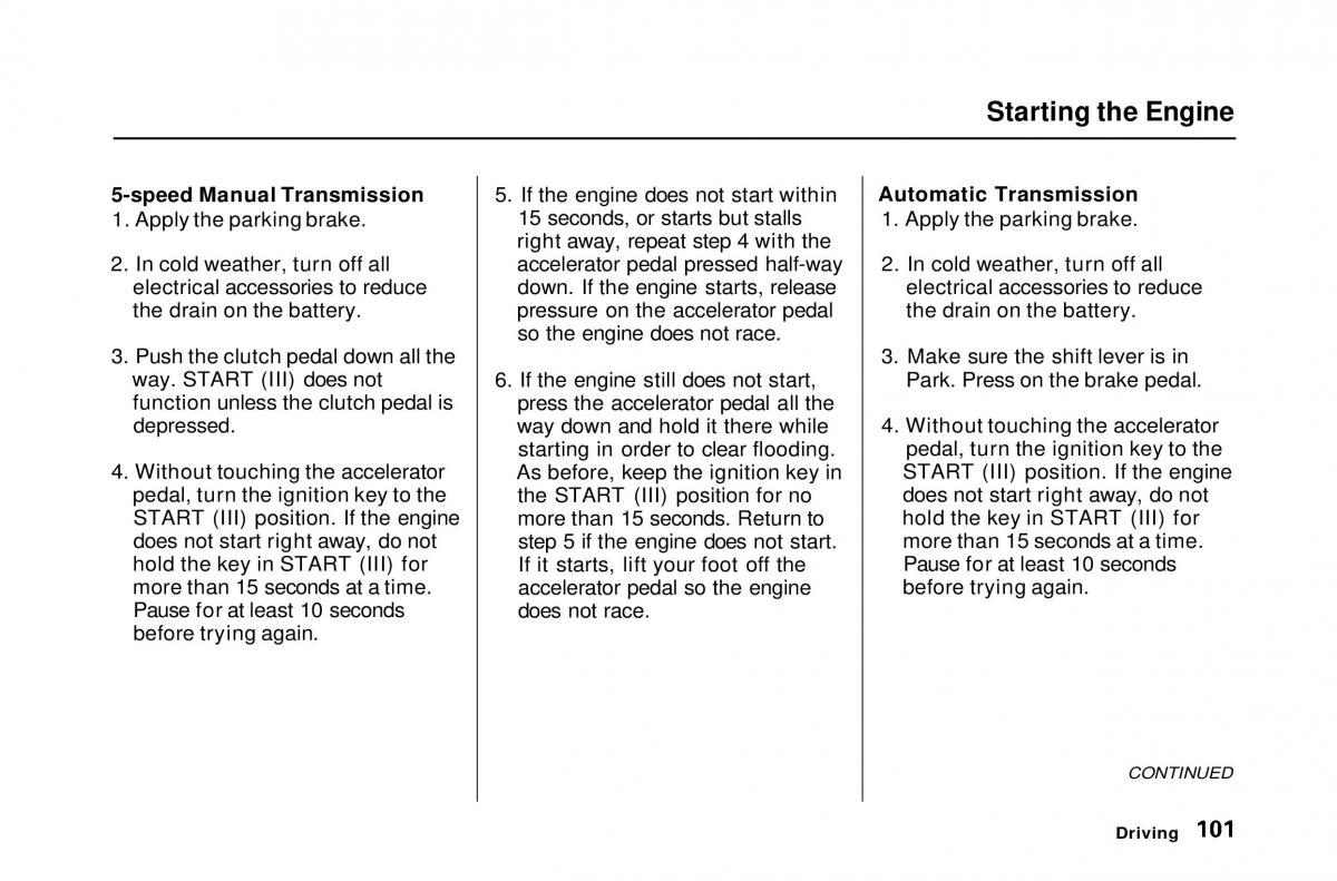 Honda Civic Del Sol CR X owners manual / page 101