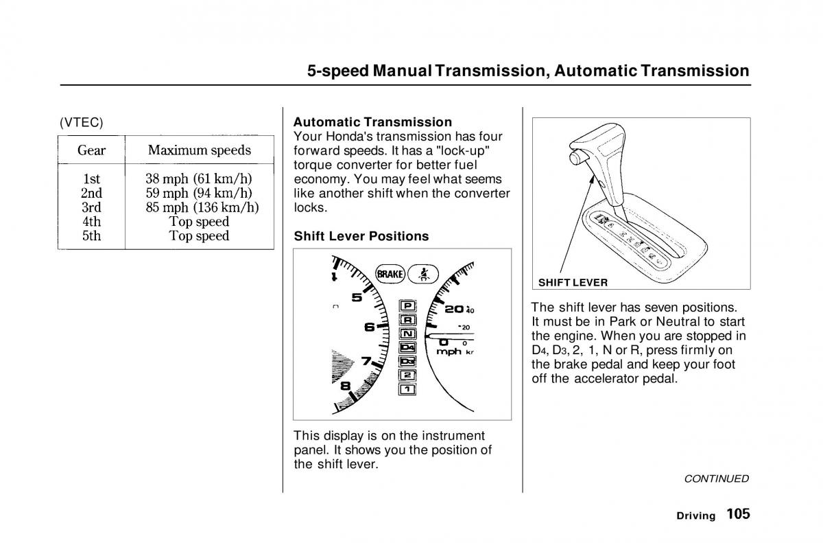 Honda Civic Del Sol CR X owners manual / page 105