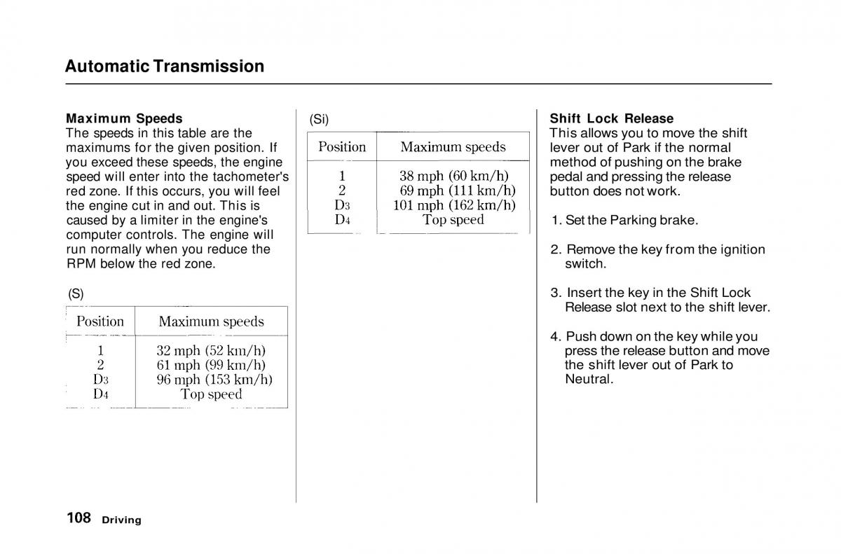 Honda Civic Del Sol CR X owners manual / page 108