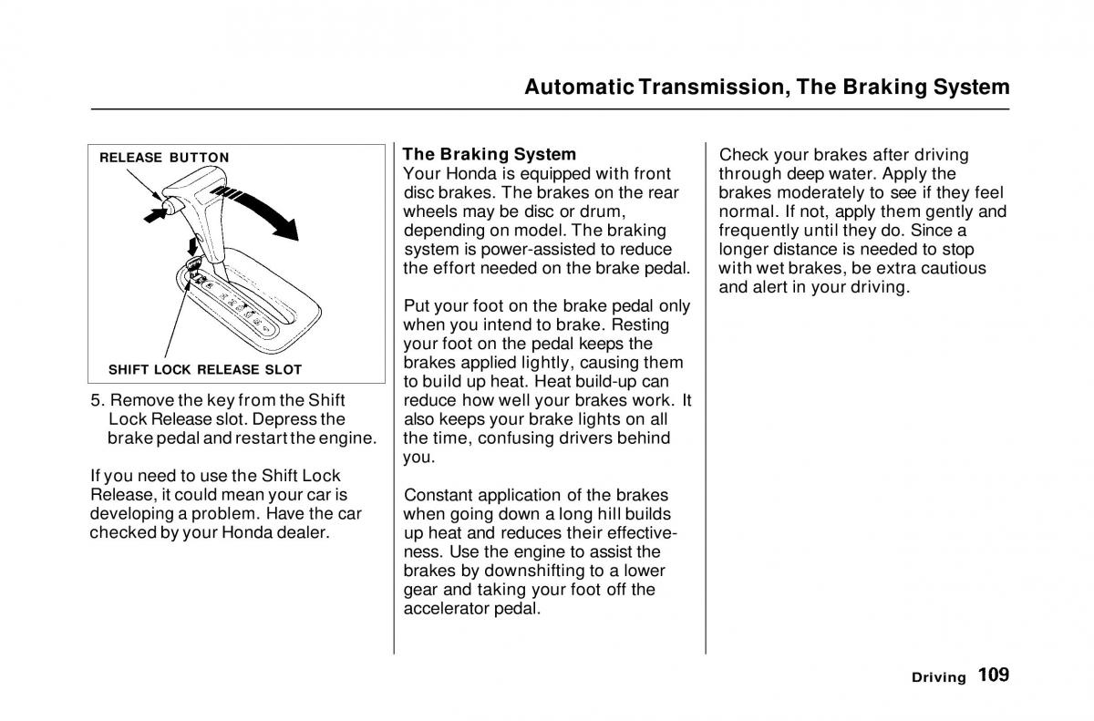 Honda Civic Del Sol CR X owners manual / page 109