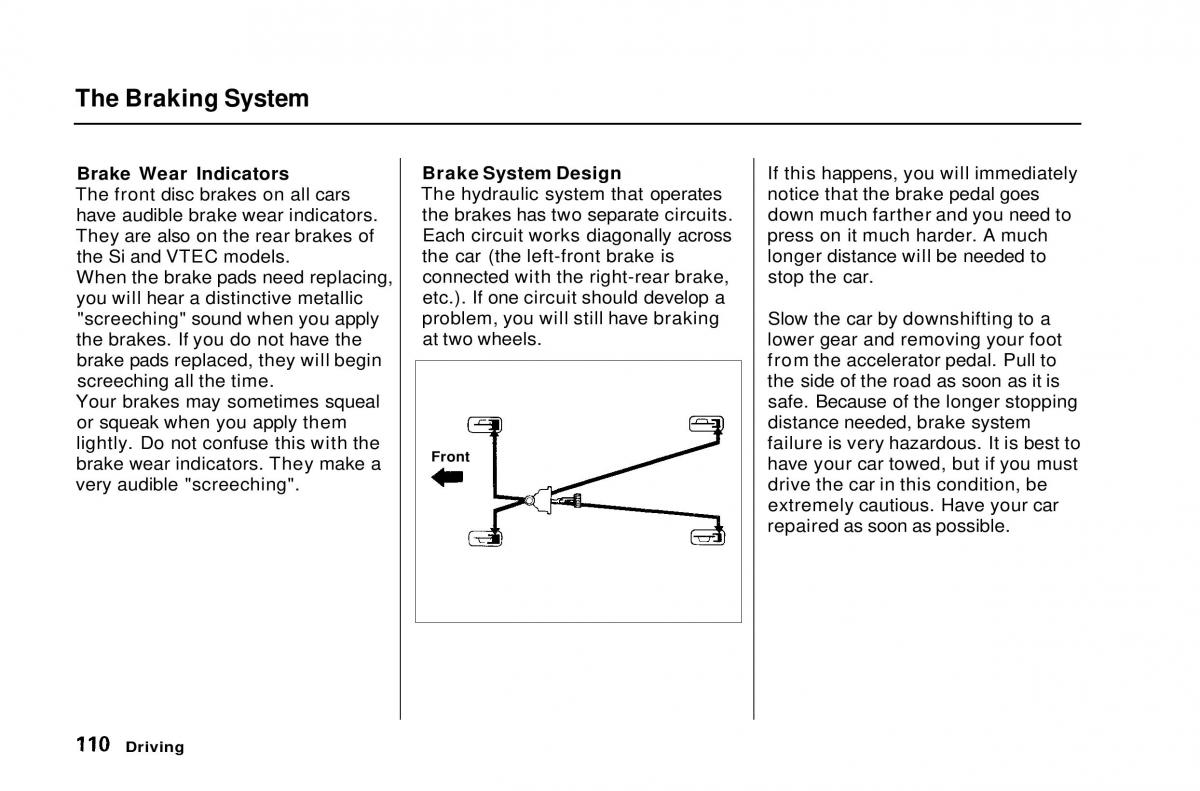 Honda Civic Del Sol CR X owners manual / page 110