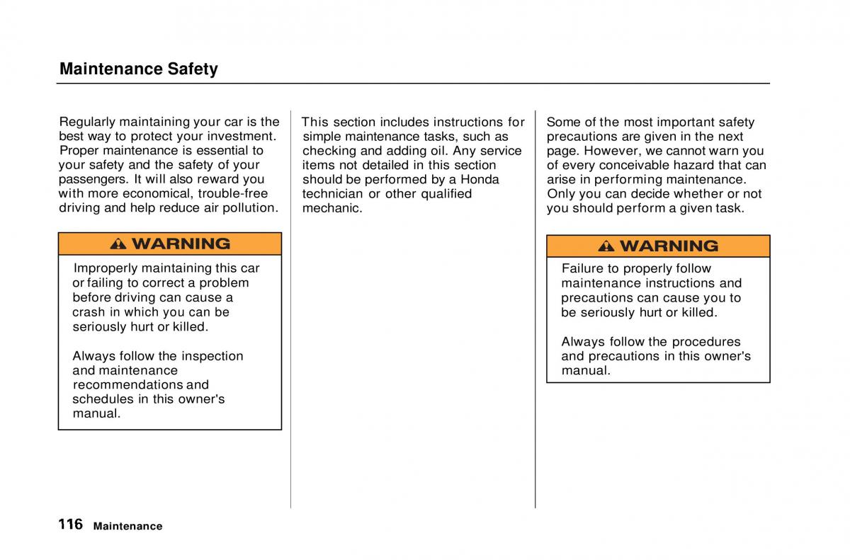 Honda Civic Del Sol CR X owners manual / page 116