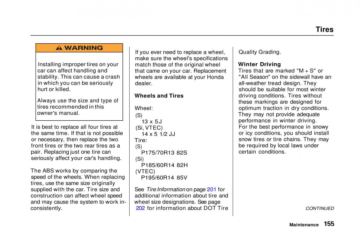 Honda Civic Del Sol CR X owners manual / page 155