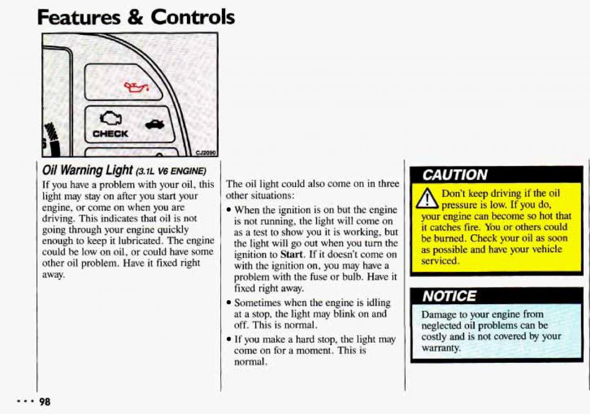 Chevrolet Cavalier II 2 owners manual / page 100