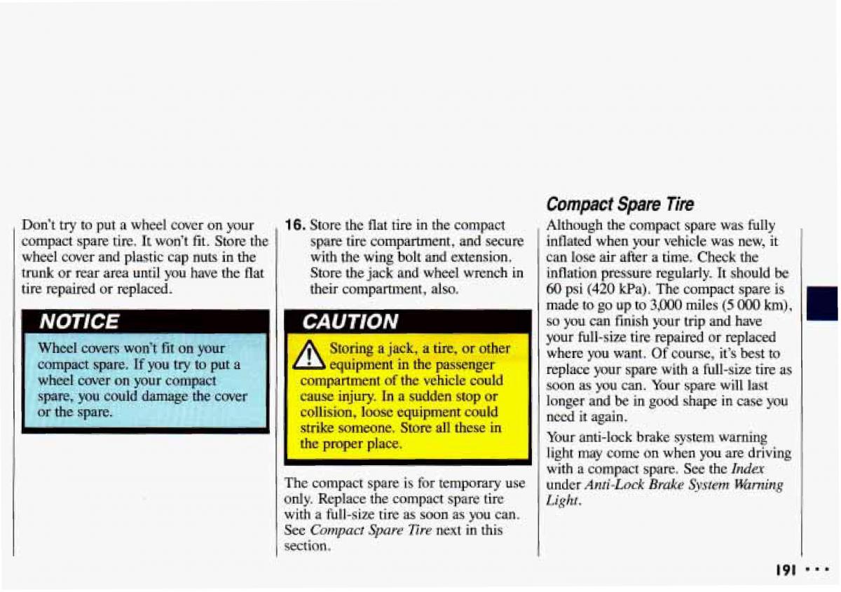 Chevrolet Cavalier II 2 owners manual / page 193