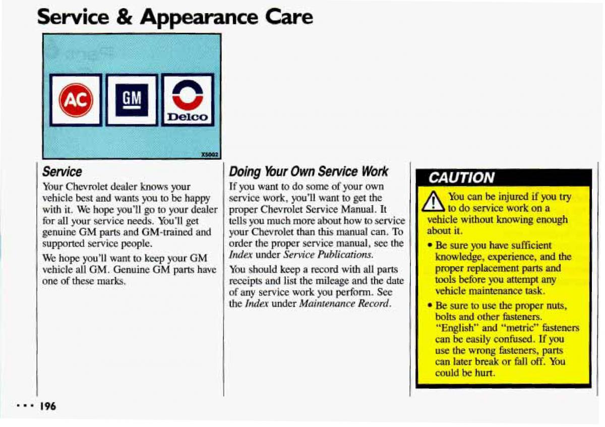 Chevrolet Cavalier II 2 owners manual / page 198