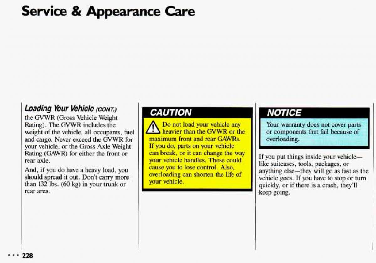 Chevrolet Cavalier II 2 owners manual / page 230