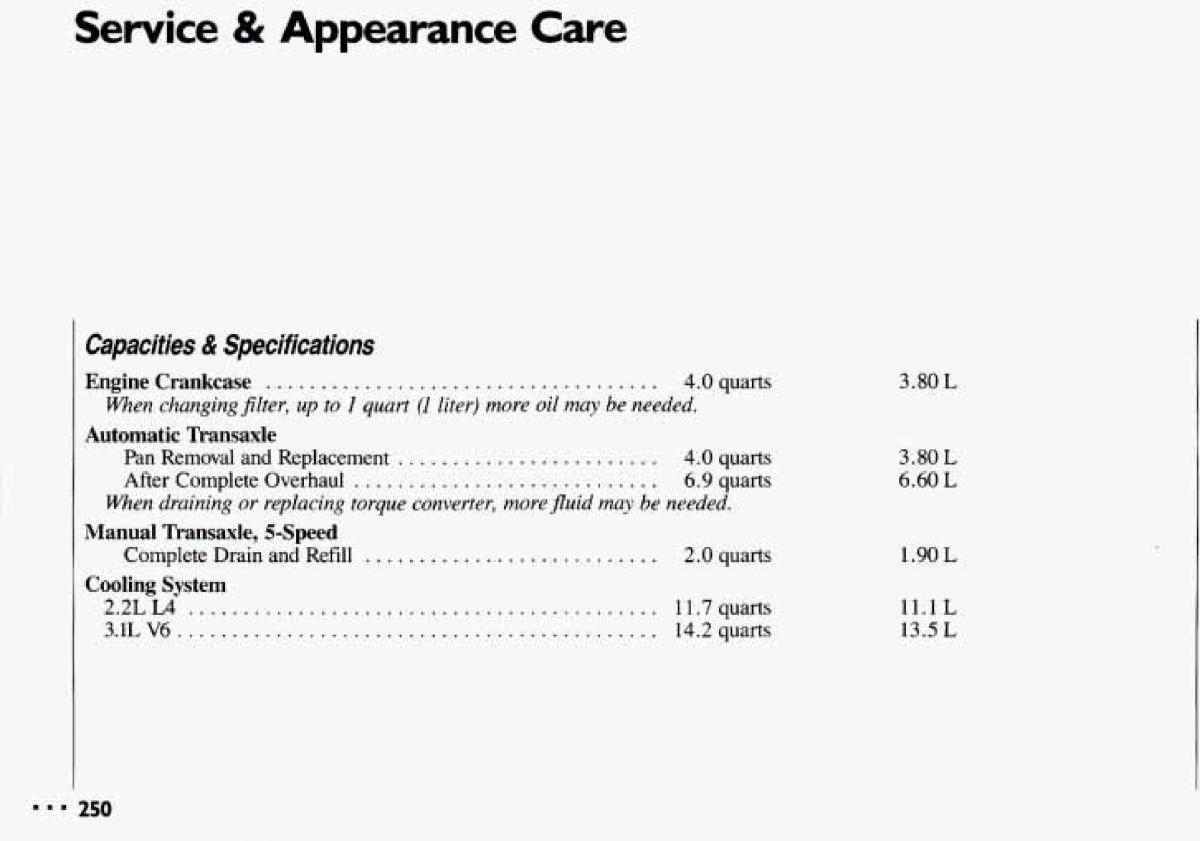 Chevrolet Cavalier II 2 owners manual / page 252