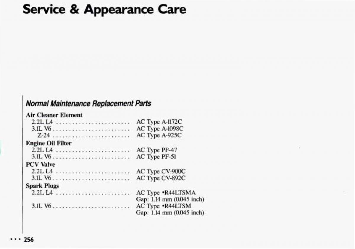 Chevrolet Cavalier II 2 owners manual / page 258