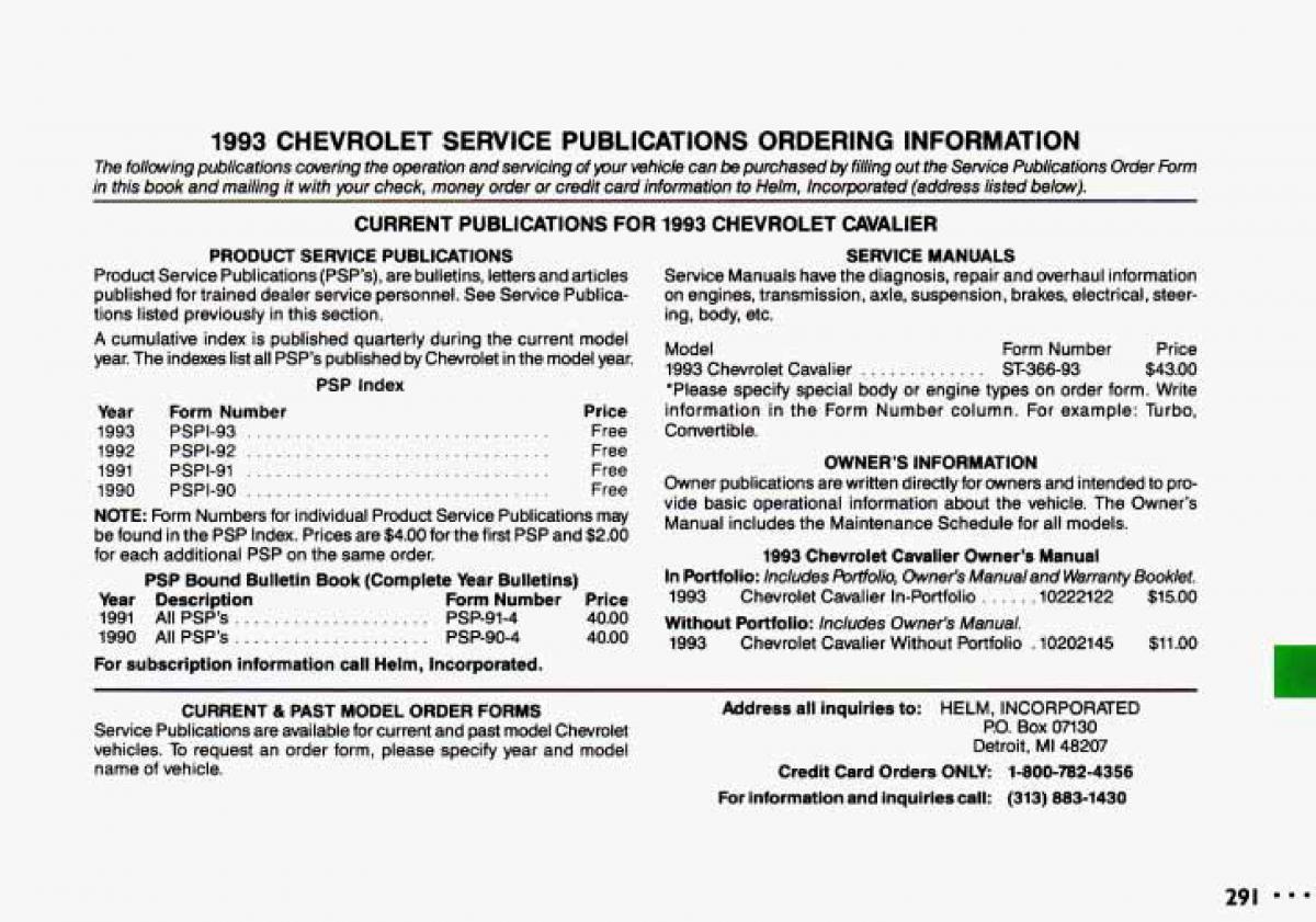 Chevrolet Cavalier II 2 owners manual / page 293