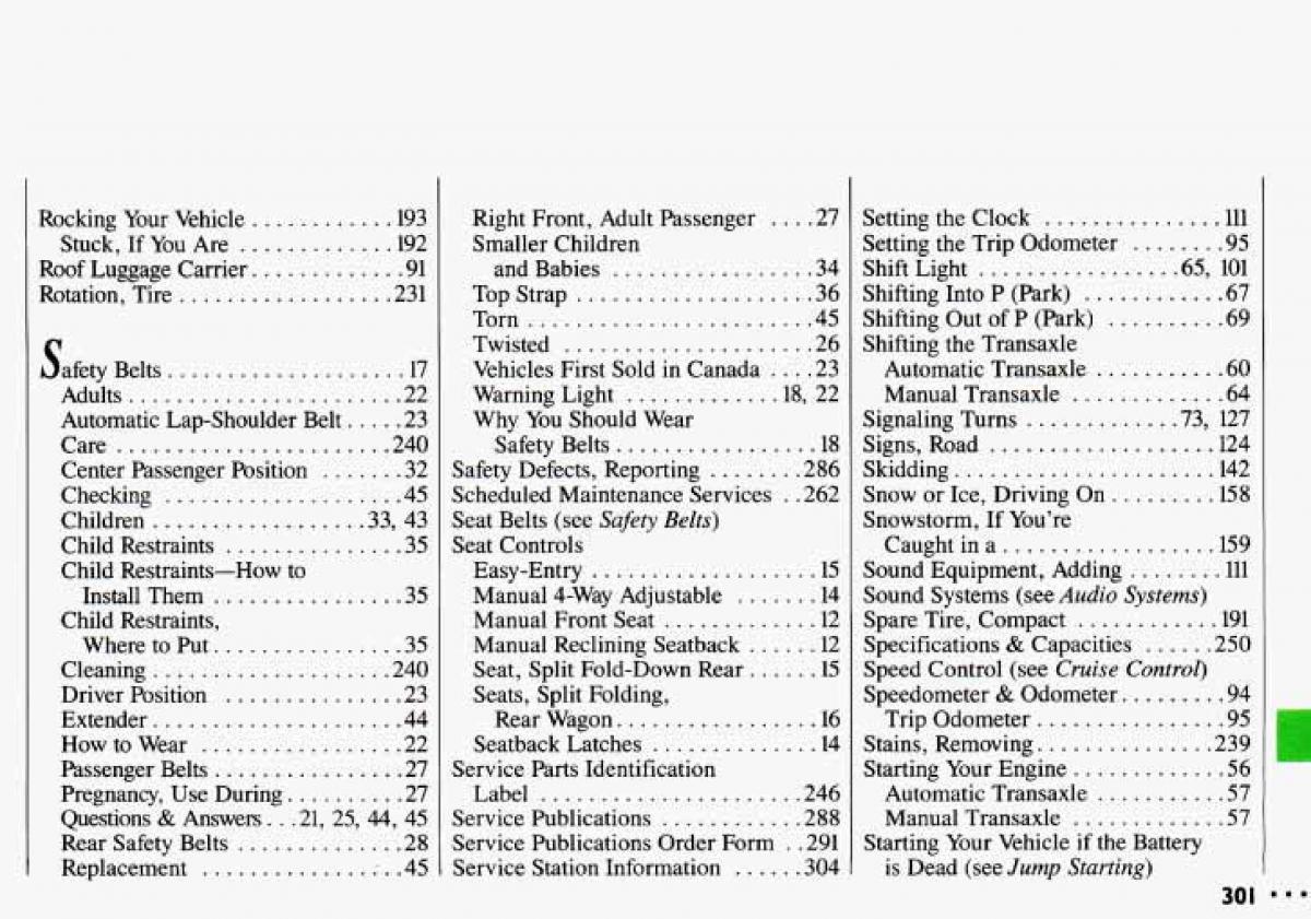 Chevrolet Cavalier II 2 owners manual / page 303