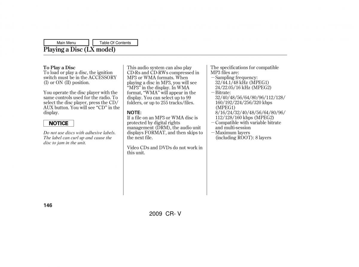 Honda CR V III 3 owners manual / page 150