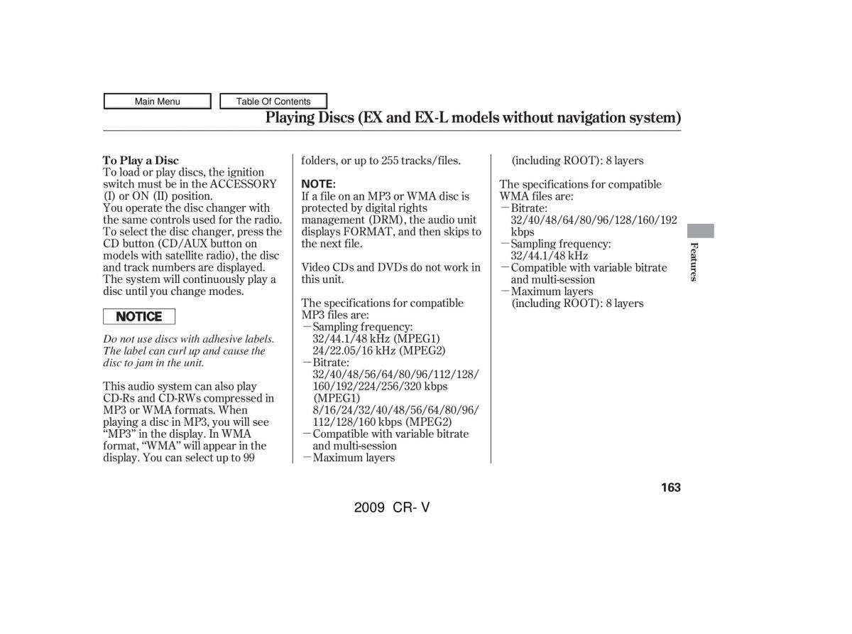 Honda CR V III 3 owners manual / page 167