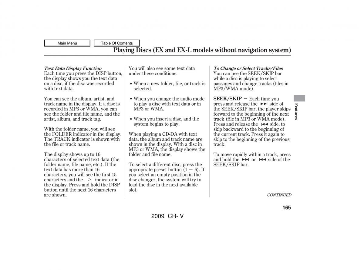 Honda CR V III 3 owners manual / page 169