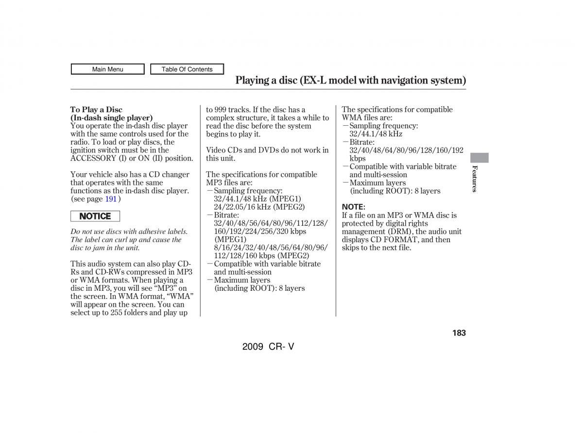 Honda CR V III 3 owners manual / page 187