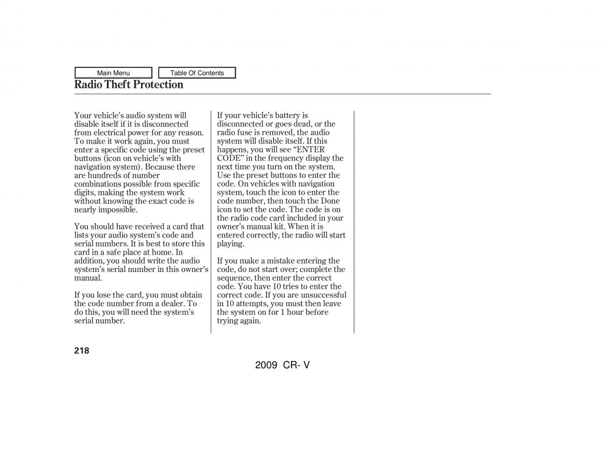 Honda CR V III 3 owners manual / page 222