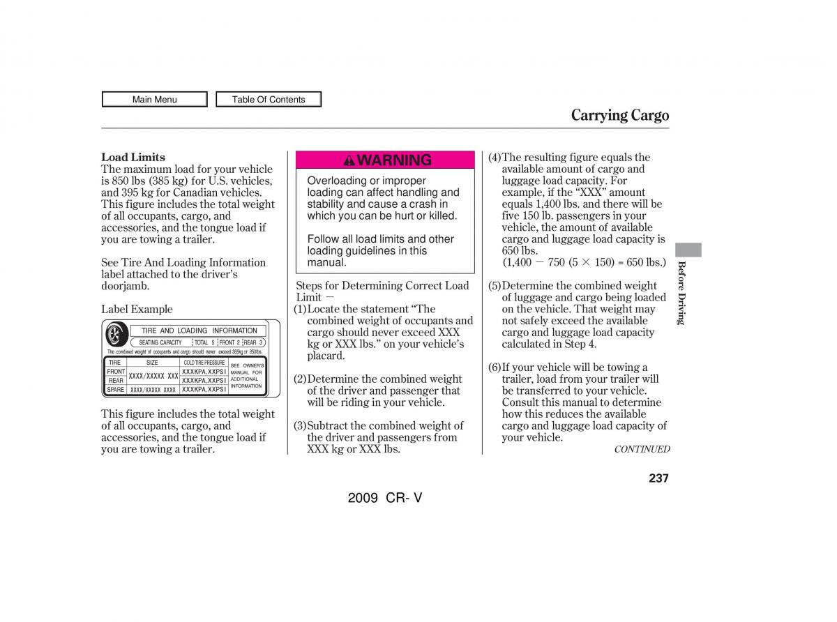 Honda CR V III 3 owners manual / page 241