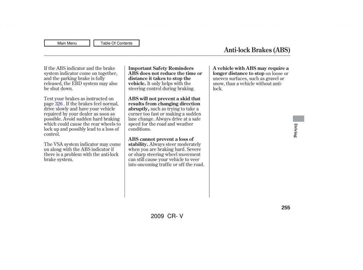 Honda CR V III 3 owners manual / page 259