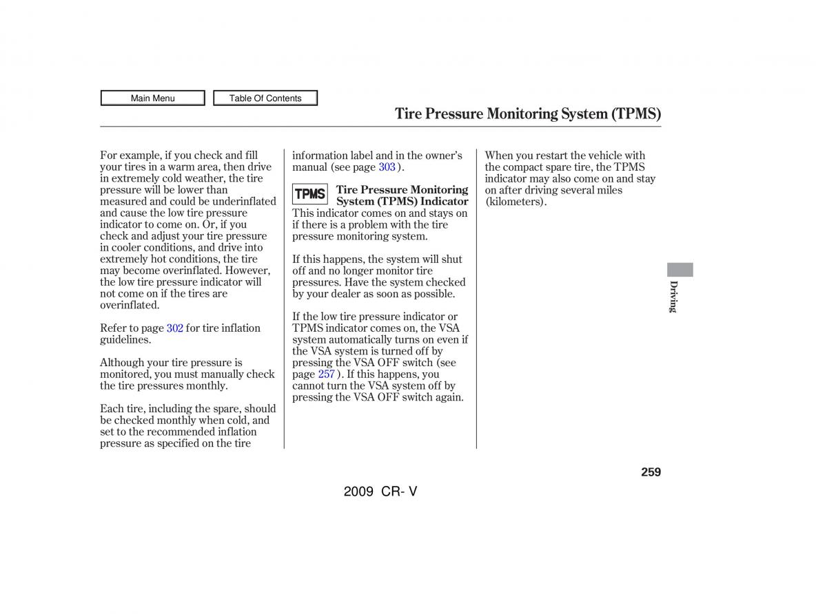 Honda CR V III 3 owners manual / page 263