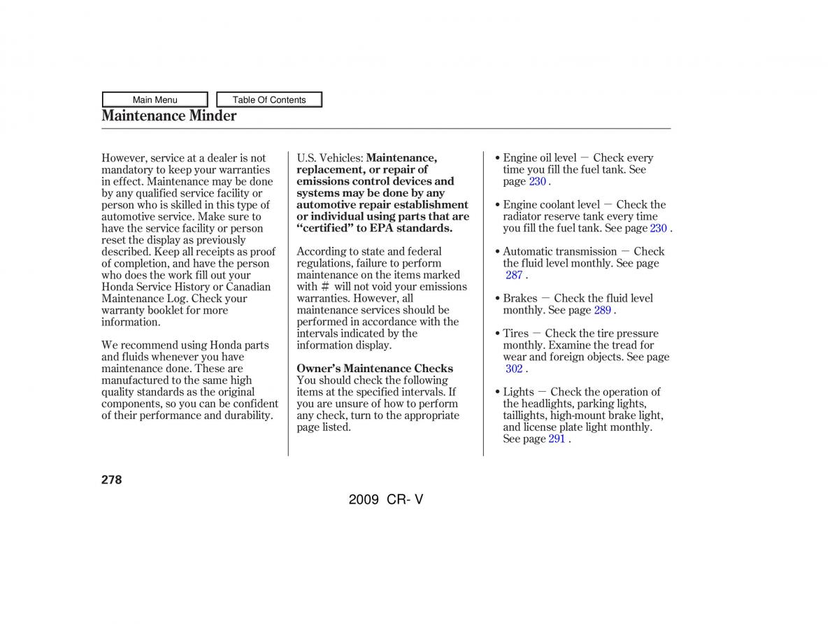 Honda CR V III 3 owners manual / page 282