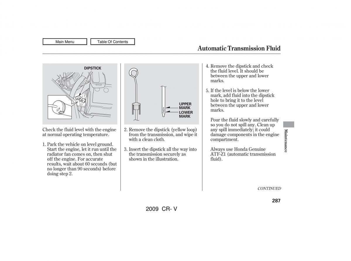 Honda CR V III 3 owners manual / page 291