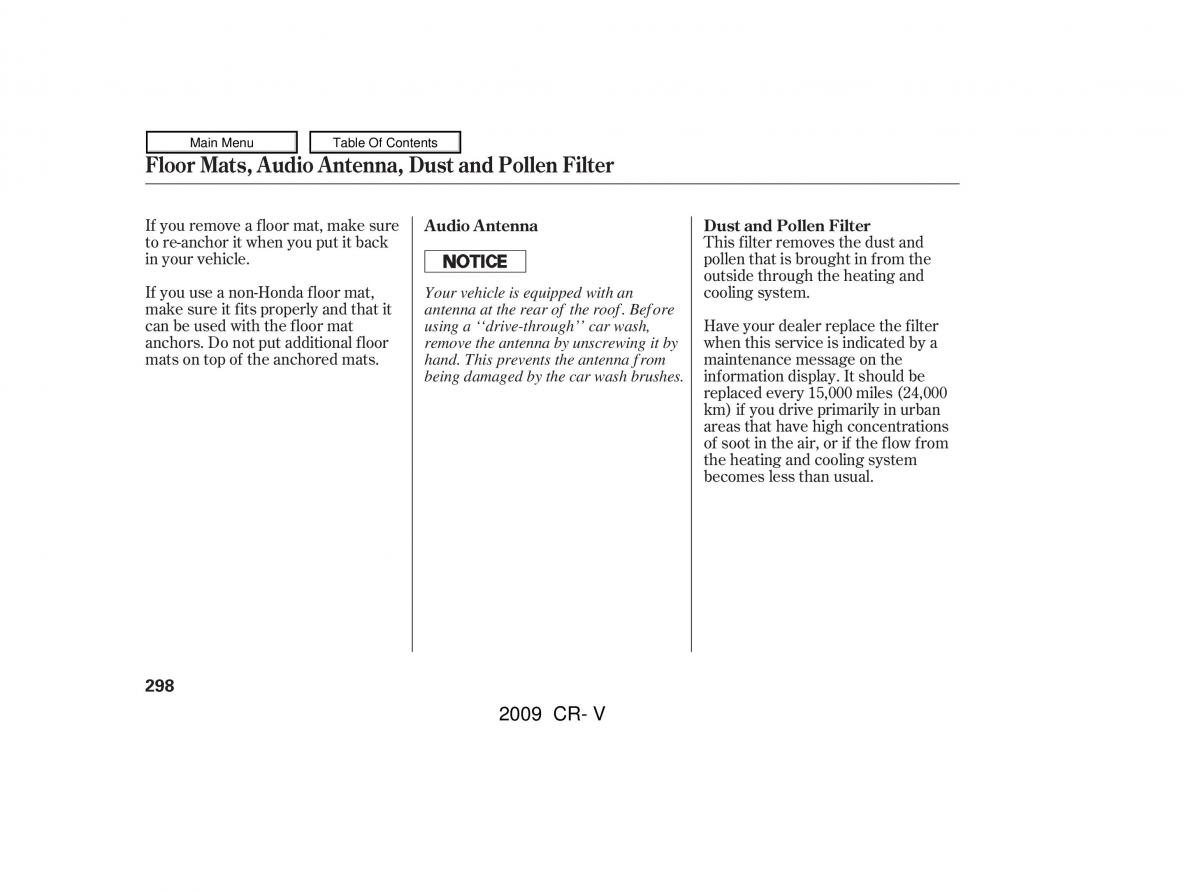 Honda CR V III 3 owners manual / page 302