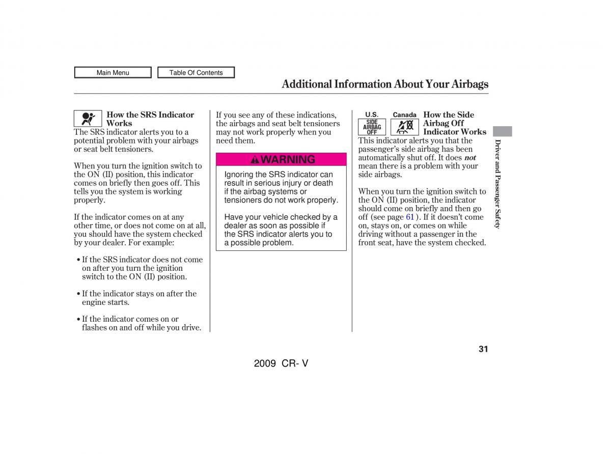 Honda CR V III 3 owners manual / page 35