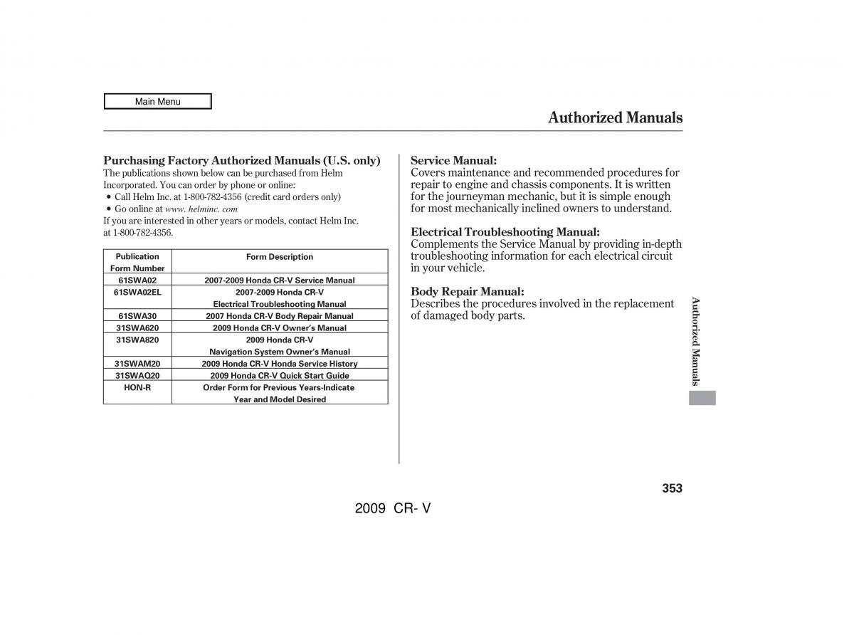 Honda CR V III 3 owners manual / page 357