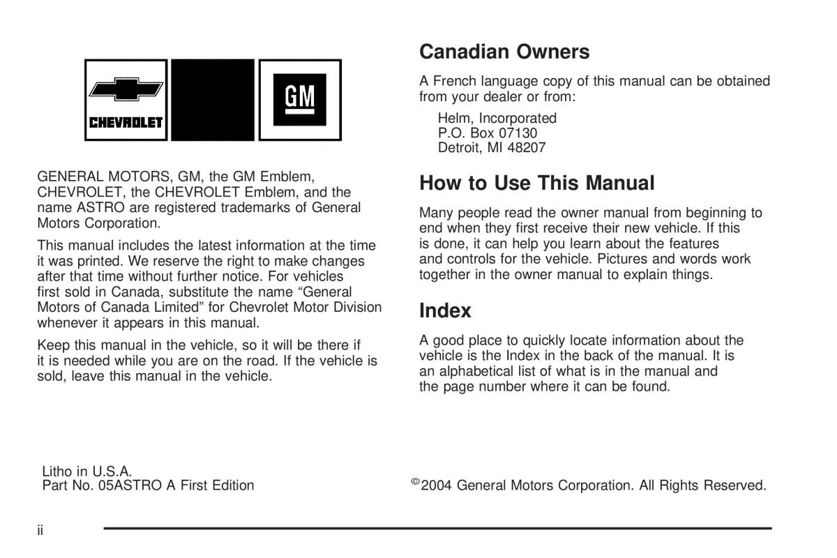 Chevrolet Astro II 2 owners manual / page 2