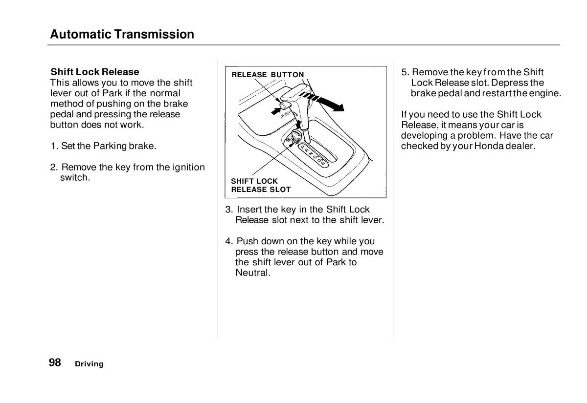 manual  Honda Civic VI 6 Hatchback owners manual / page 94