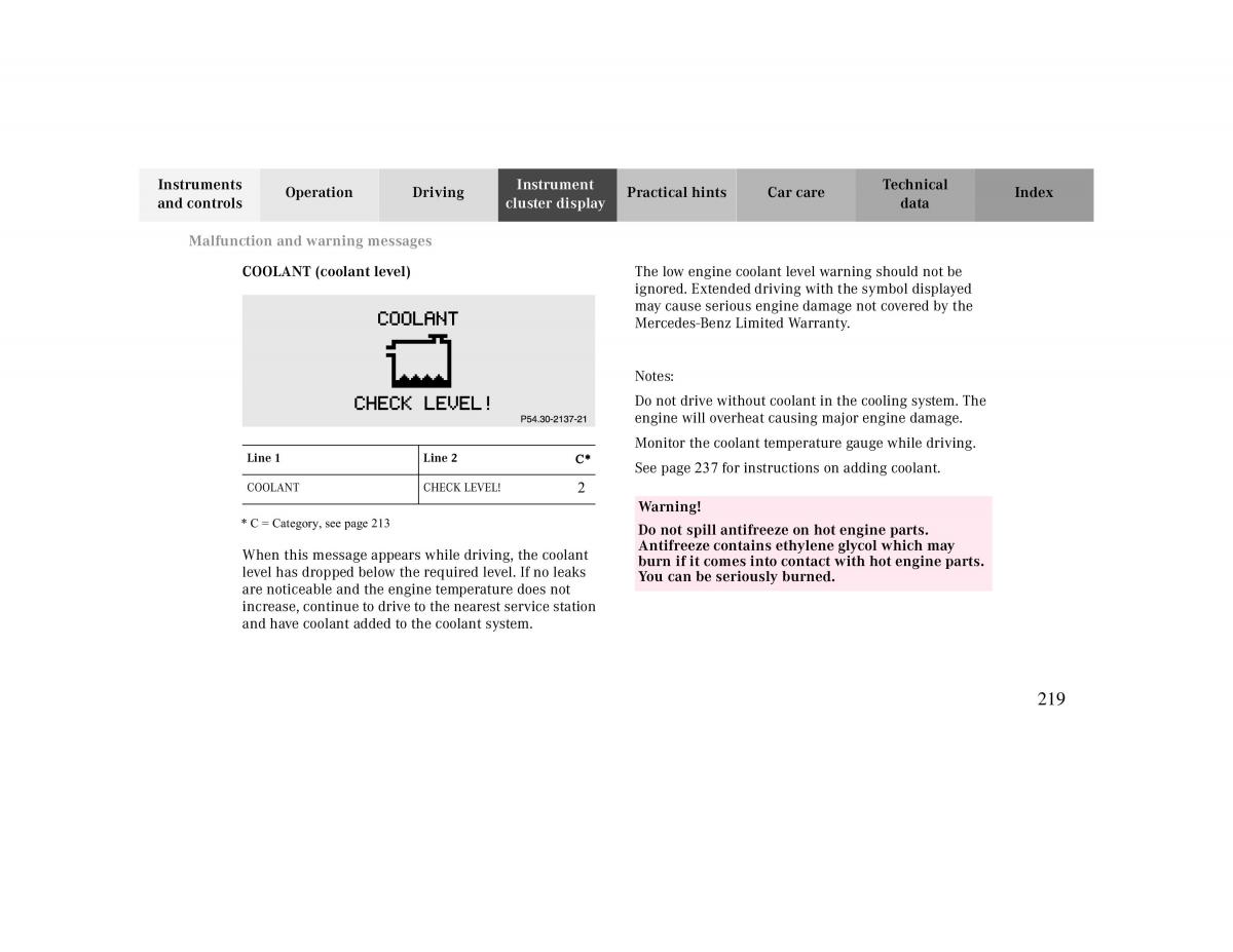 manual  Mercedes Benz CLK 430 W208 owners manual / page 219