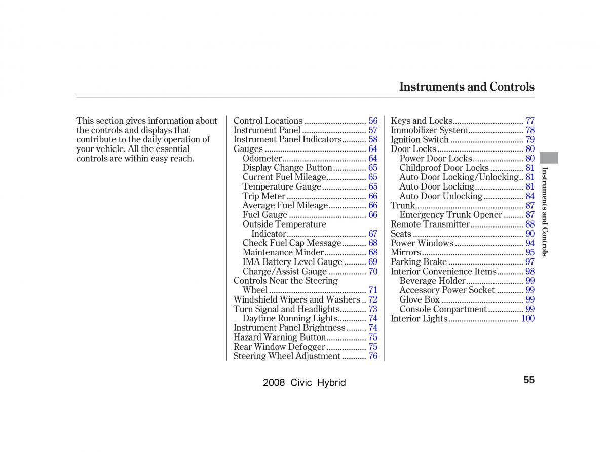 Honda Civic Hybrid VIII 8 owners manual / page 58