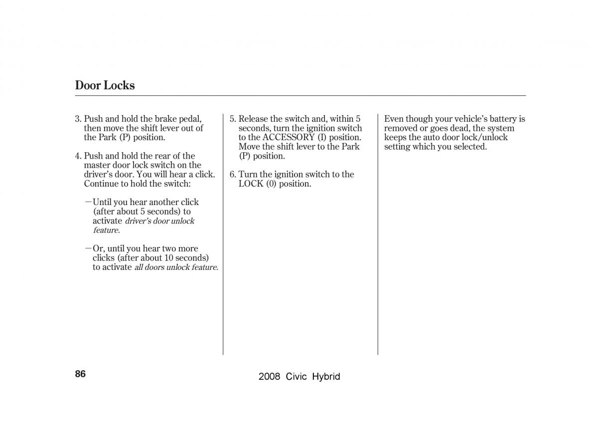 Honda Civic Hybrid VIII 8 owners manual / page 89