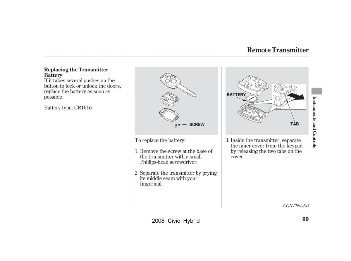 Honda Civic Hybrid VIII 8 owners manual / page 92