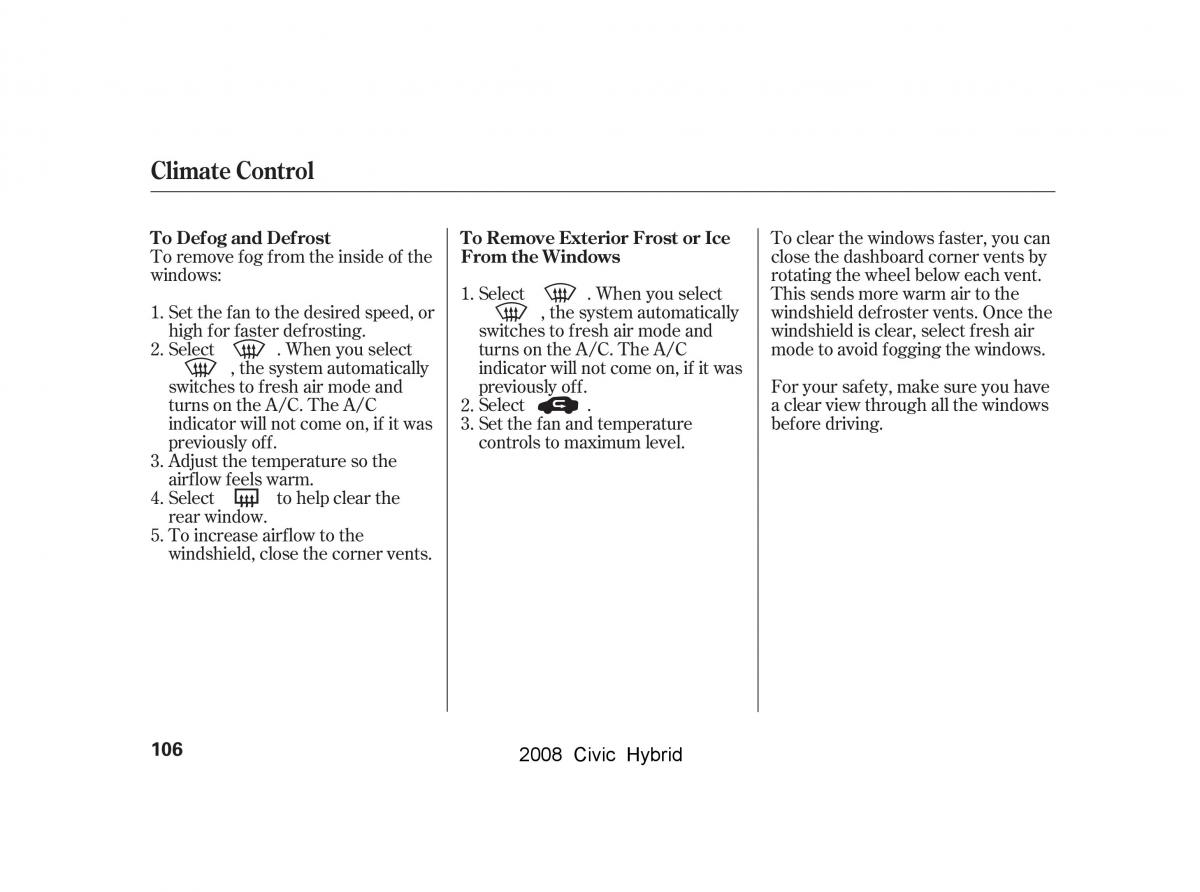 Honda Civic Hybrid VIII 8 owners manual / page 109