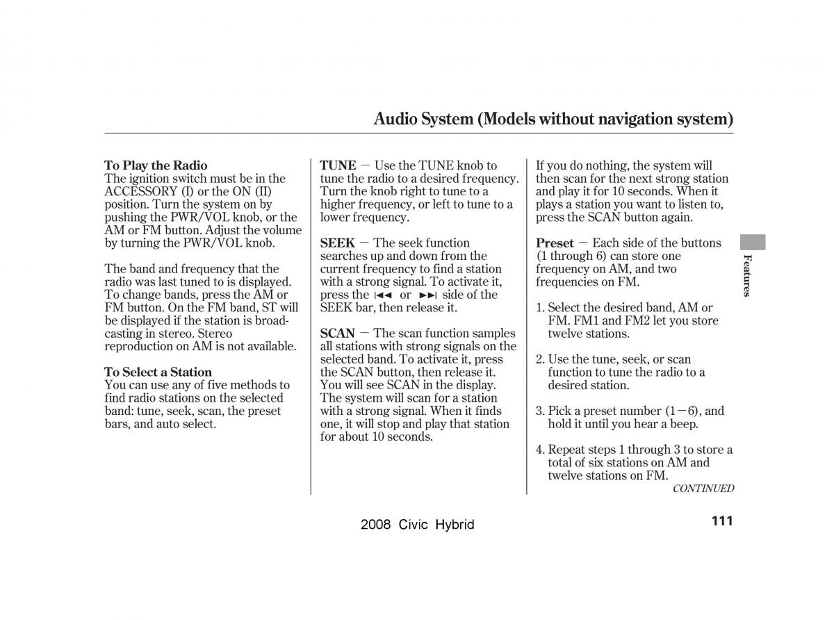 Honda Civic Hybrid VIII 8 owners manual / page 114