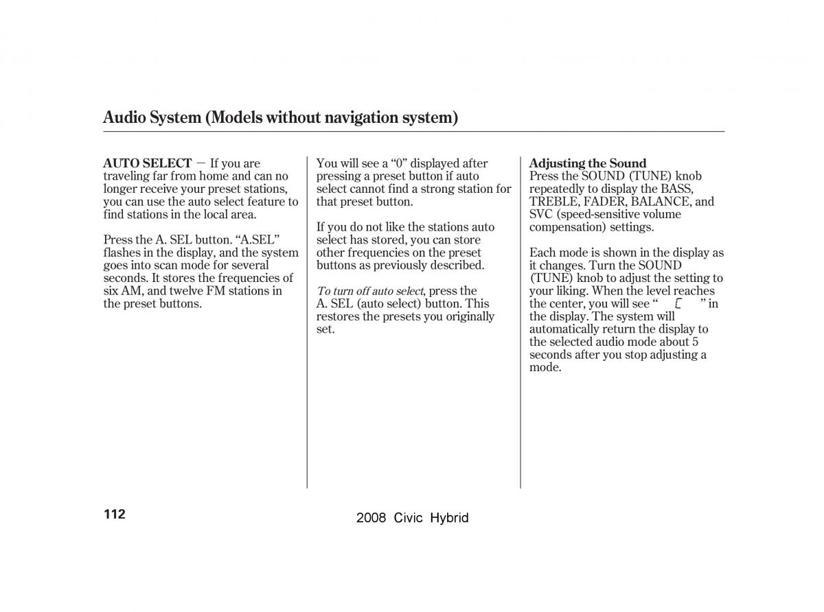 Honda Civic Hybrid VIII 8 owners manual / page 115