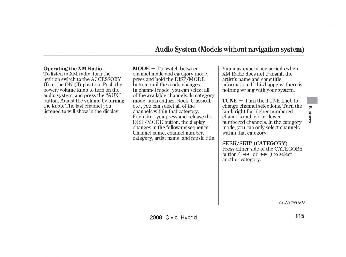 Honda Civic Hybrid VIII 8 owners manual / page 118