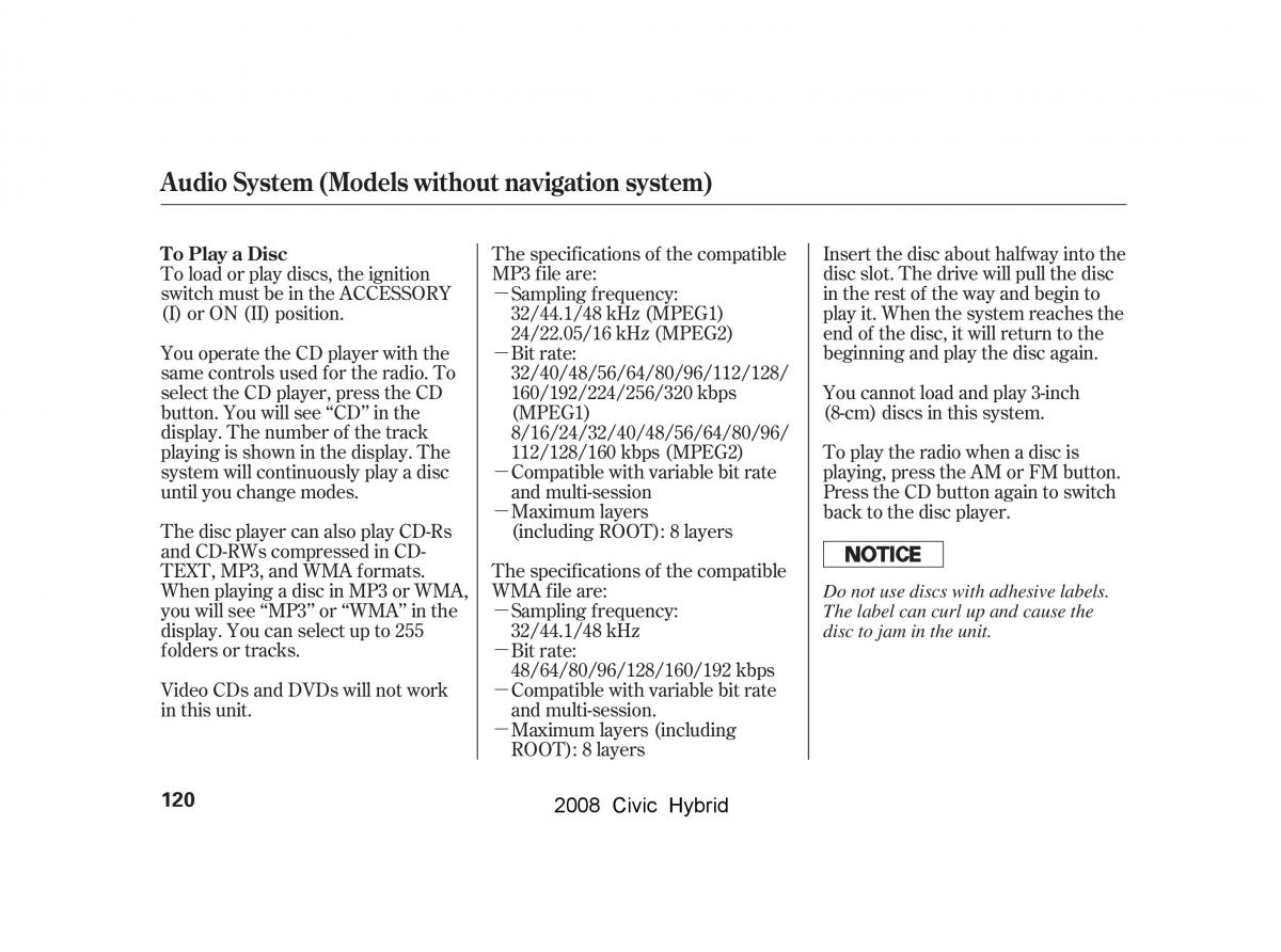 Honda Civic Hybrid VIII 8 owners manual / page 123