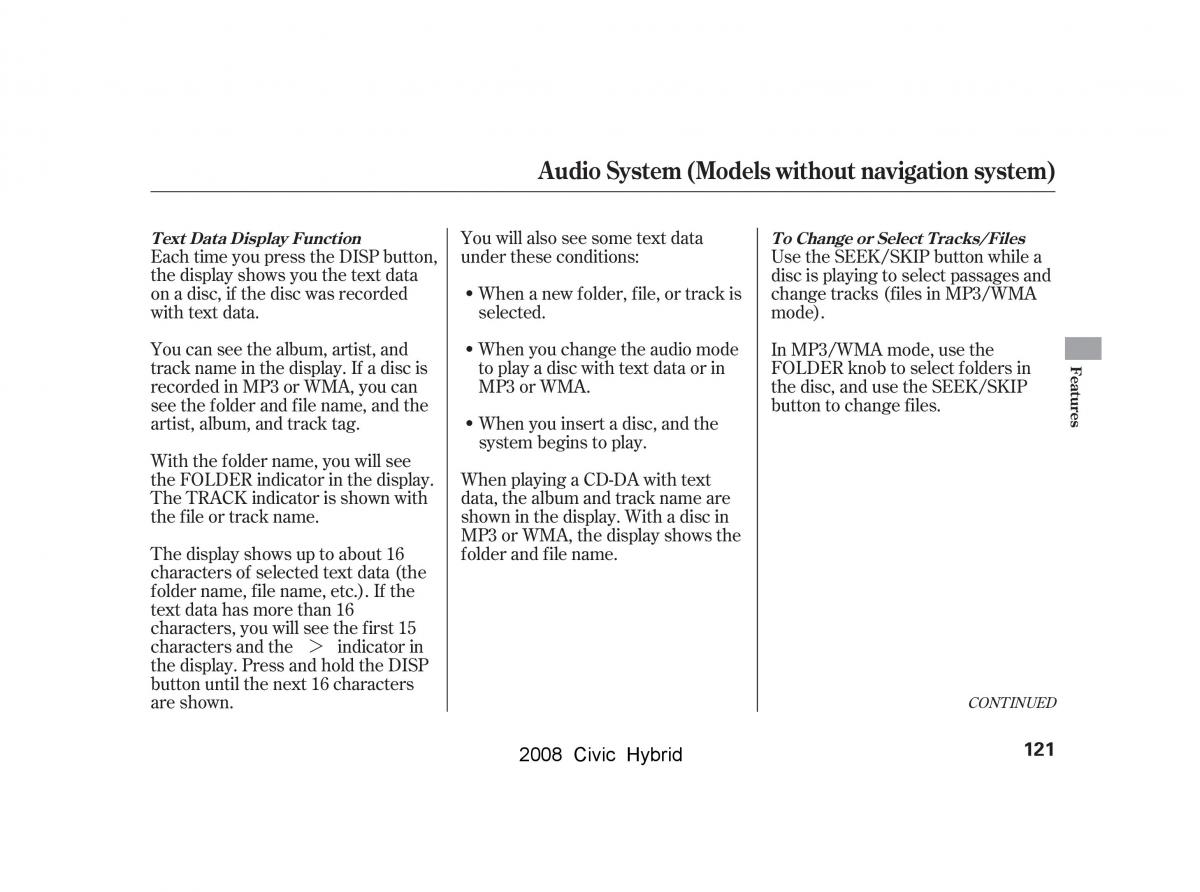 Honda Civic Hybrid VIII 8 owners manual / page 124