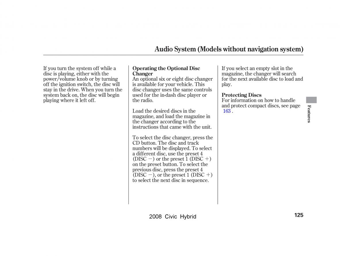 Honda Civic Hybrid VIII 8 owners manual / page 128