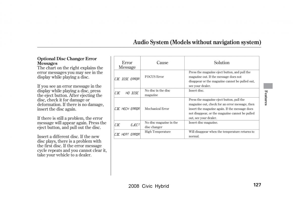 Honda Civic Hybrid VIII 8 owners manual / page 130