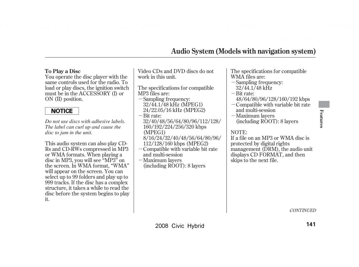 Honda Civic Hybrid VIII 8 owners manual / page 144