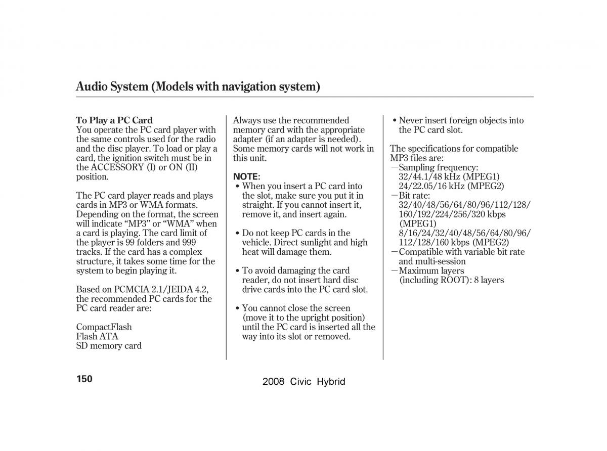 Honda Civic Hybrid VIII 8 owners manual / page 153