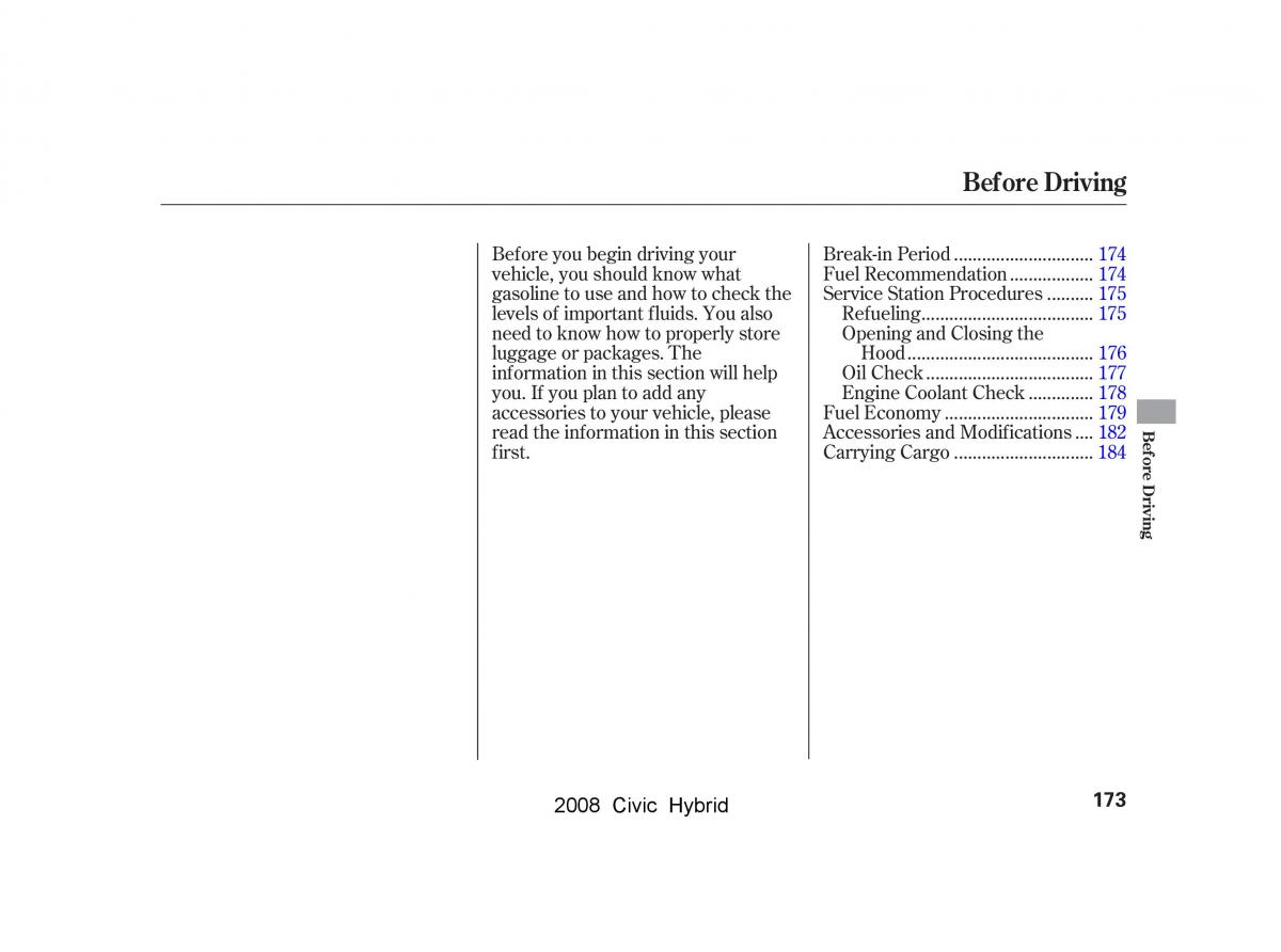 Honda Civic Hybrid VIII 8 owners manual / page 176