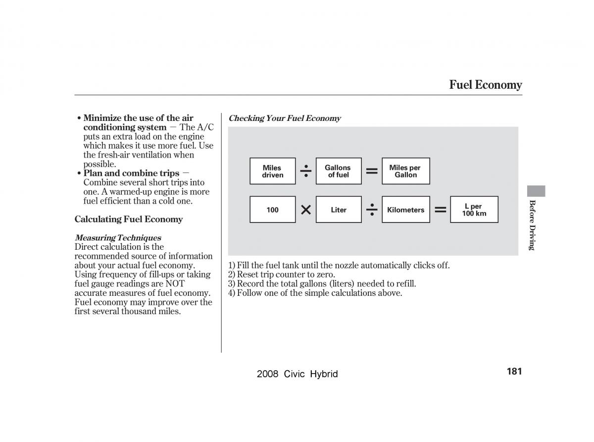 Honda Civic Hybrid VIII 8 owners manual / page 184