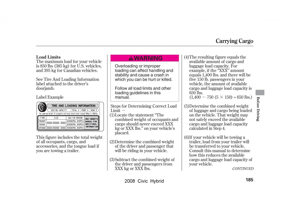 Honda Civic Hybrid VIII 8 owners manual / page 188