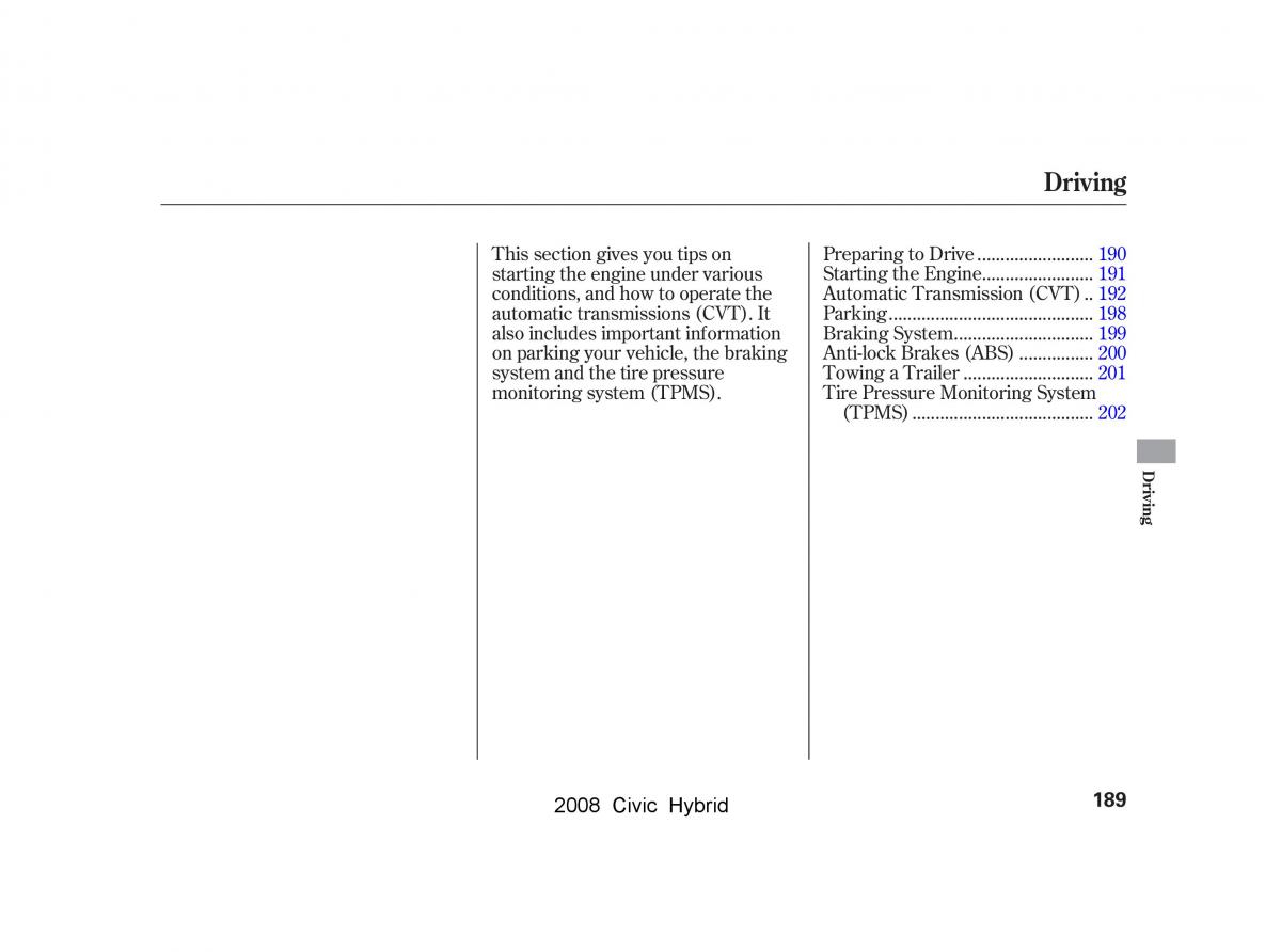 Honda Civic Hybrid VIII 8 owners manual / page 192