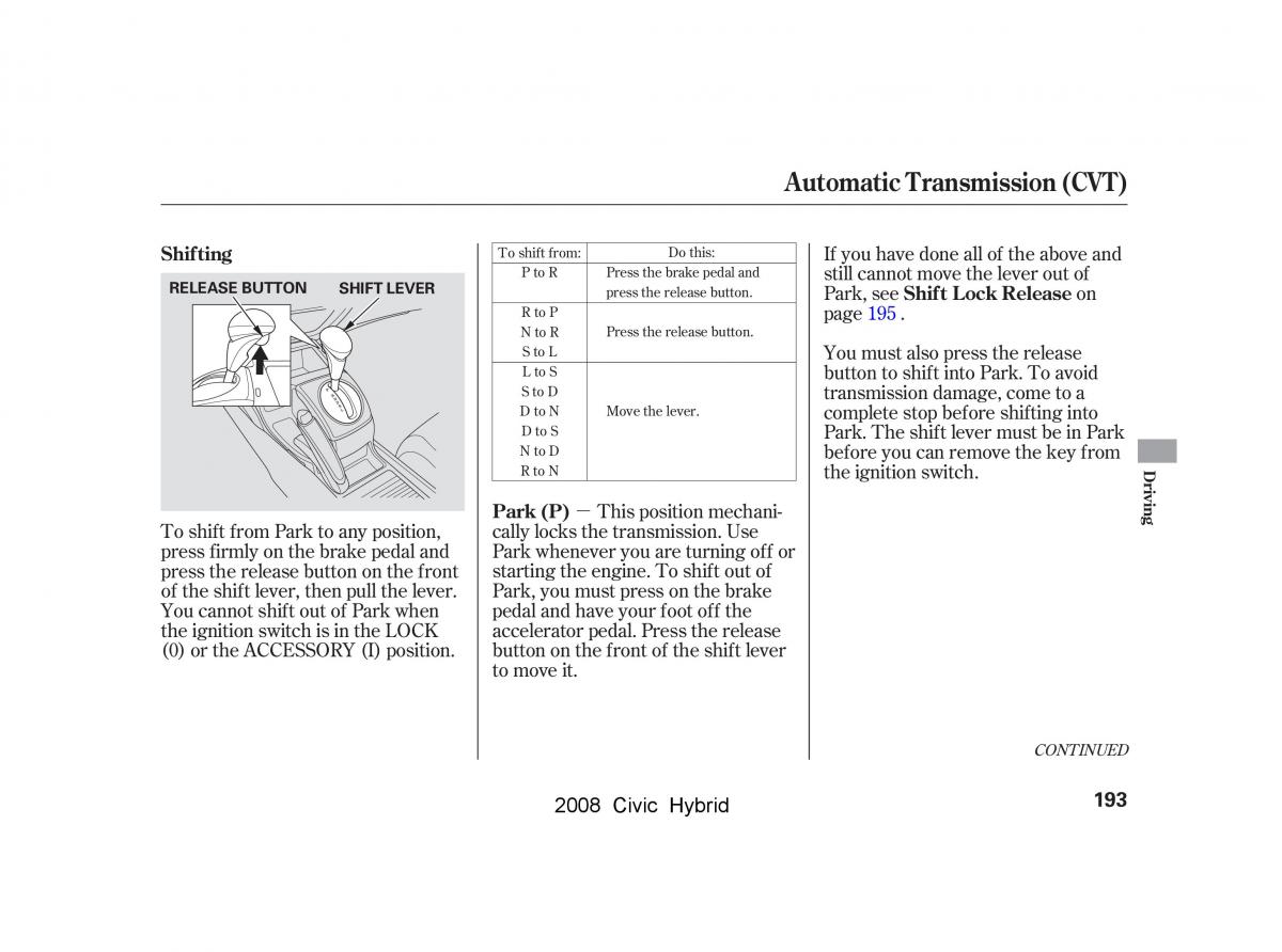 Honda Civic Hybrid VIII 8 owners manual / page 196